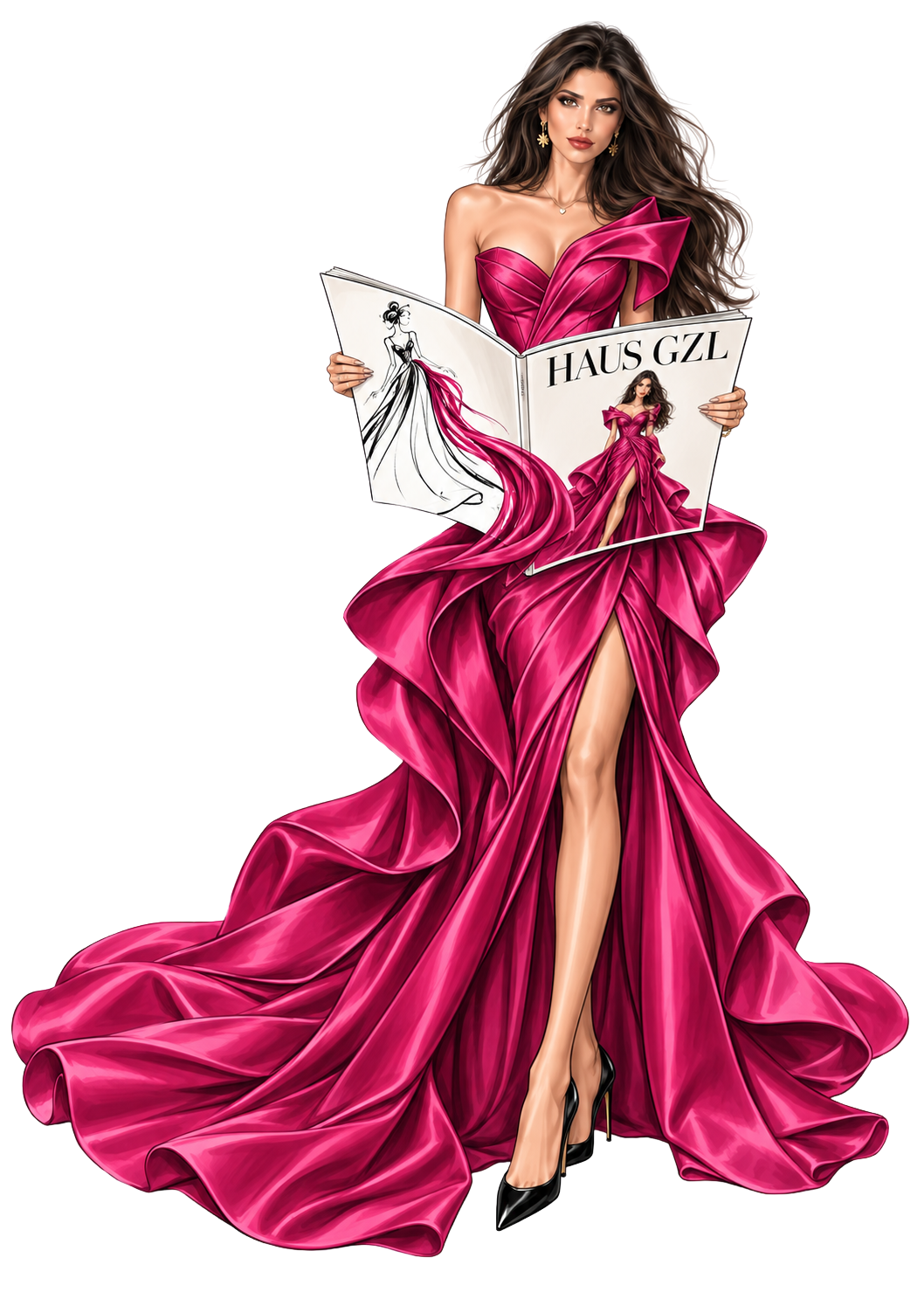 Fashion illustration of a woman in a fuchsia gown reading HAUS GZL.